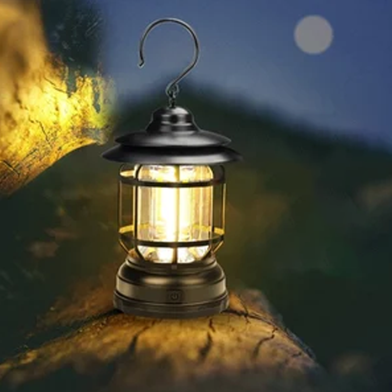 Robust retro LED-lampe for utendørs eventyr, bærbar, oppladbar og klar for tur og hytte.