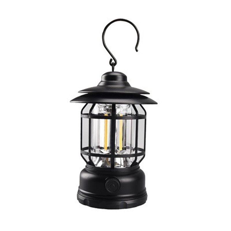 Retro LED-campinglampe med moderne funksjoner, bærbar, oppladbar, for utendørs og hjemme.