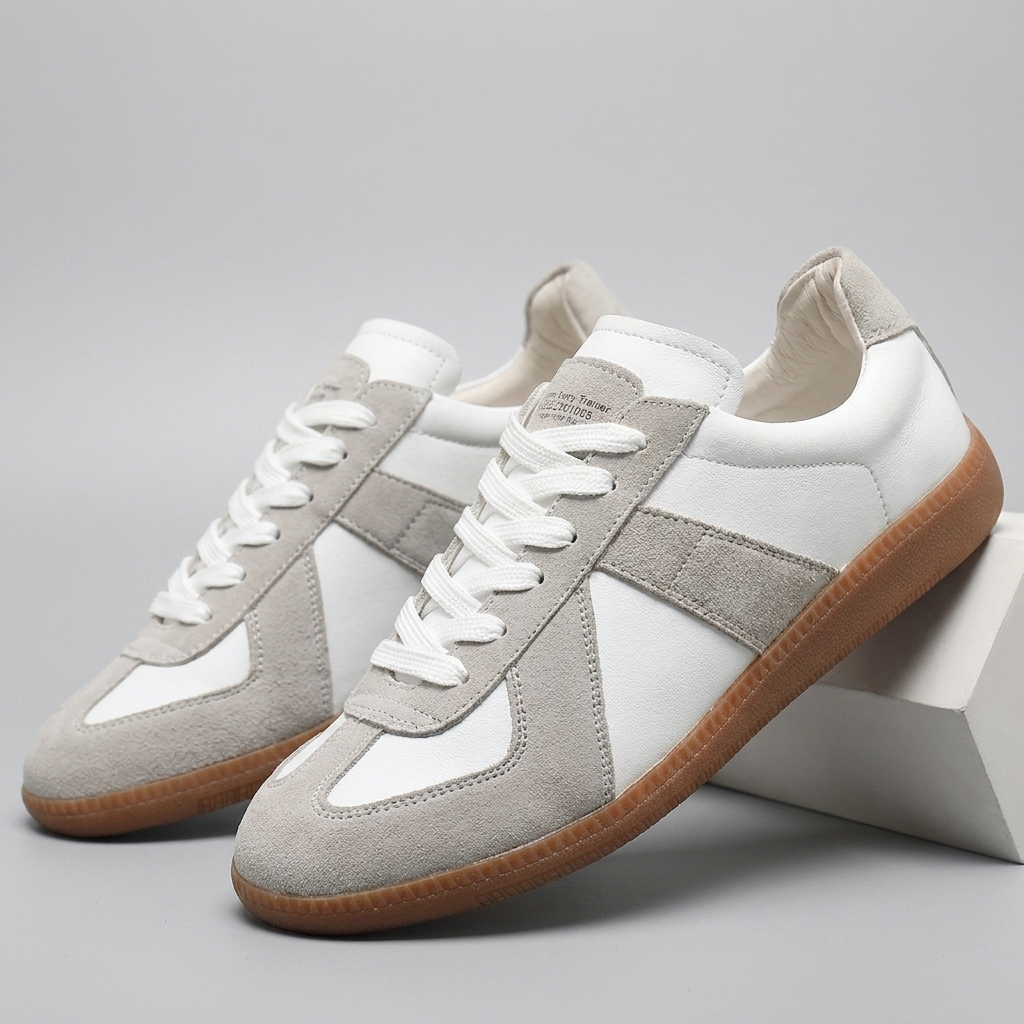 Fullt bilde av retro plattformssneakers for menn. Stilige vintage motesko i grå og svart.