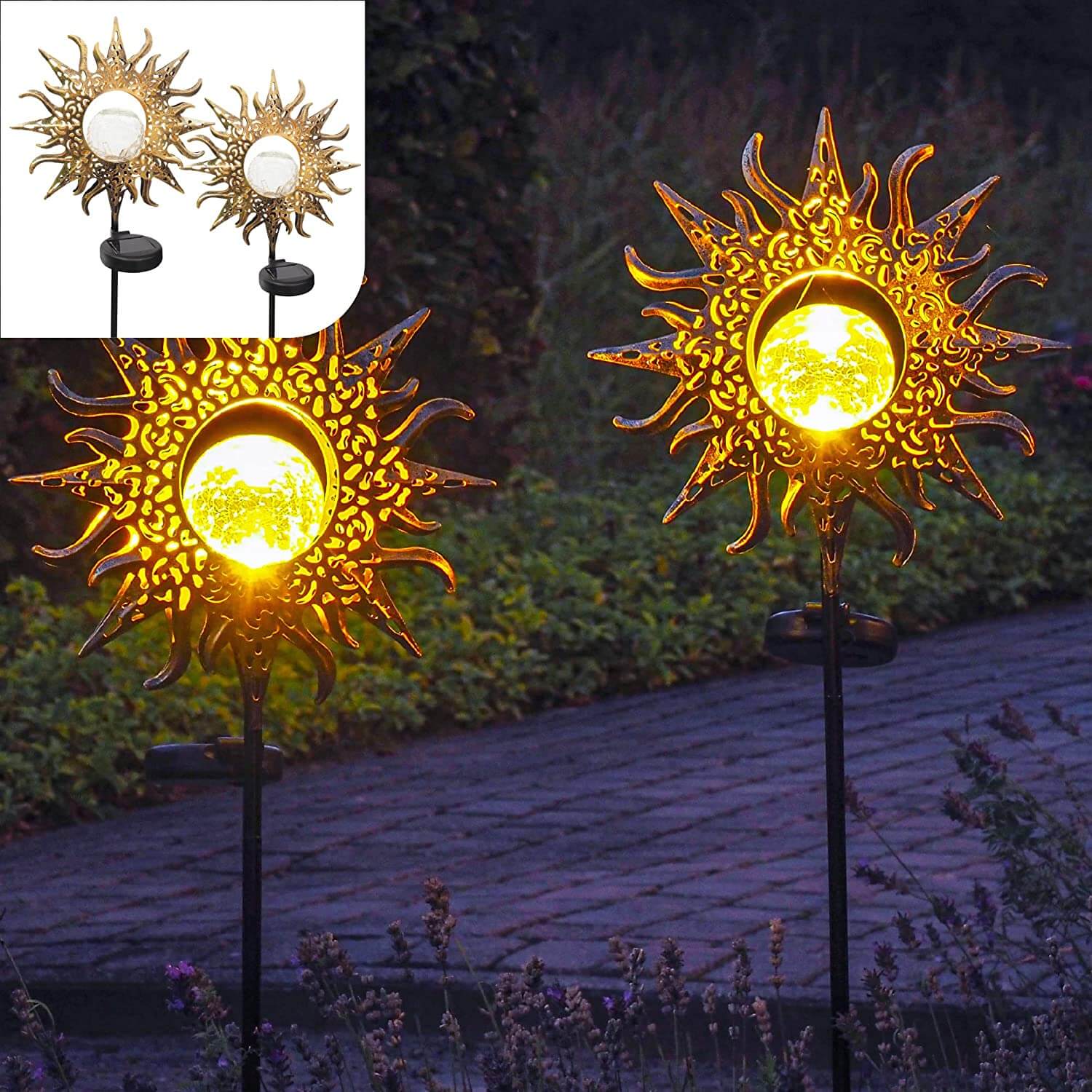 Miljøvennlig solcellelampe for automatisk utendørsbelysning. Robust jernlampe som lyser opp hagen.