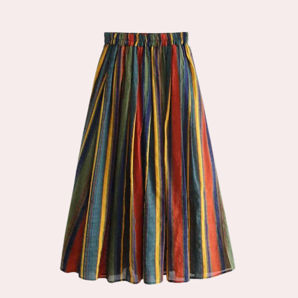 Komfortabelt elastisk stripet sommerskjørt i retro stil, perfekt for vår og sommer.