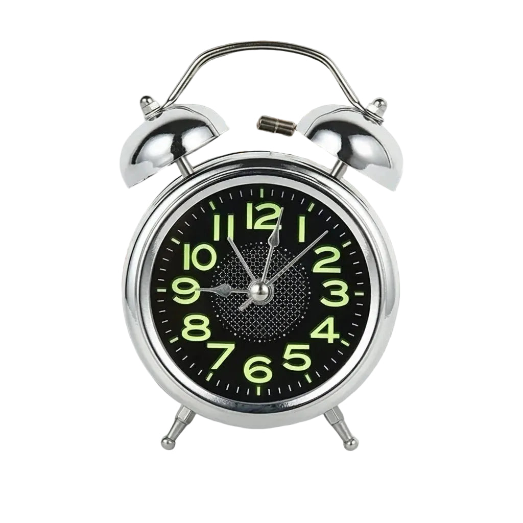 Retro vekkerklokke med høy alarm for tungsover, stille urverk og nattlys.