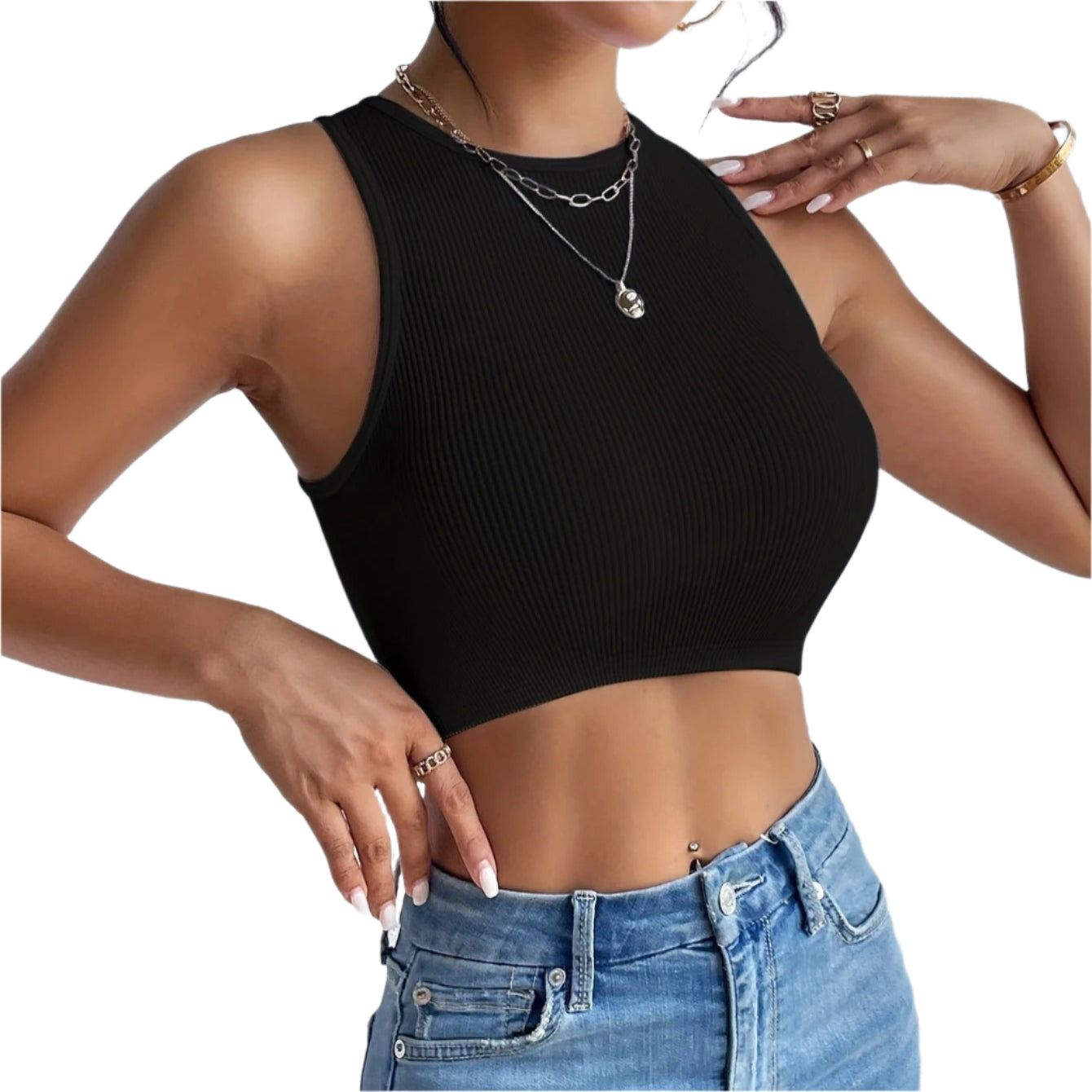 Trendy ribbet crop-topp for kvinner, ermeløs og elastisk for komfortabel og casual mote.