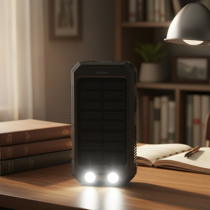 Bærbar solcellelader 30000mAh, perfekt for camping og reise, med robust, vanntett design.