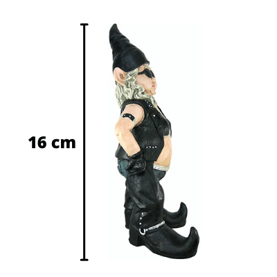 Slitesterk motorsykkel gnomfigur i harpiks, designet for langvarig glede som utendørs hagepynt.