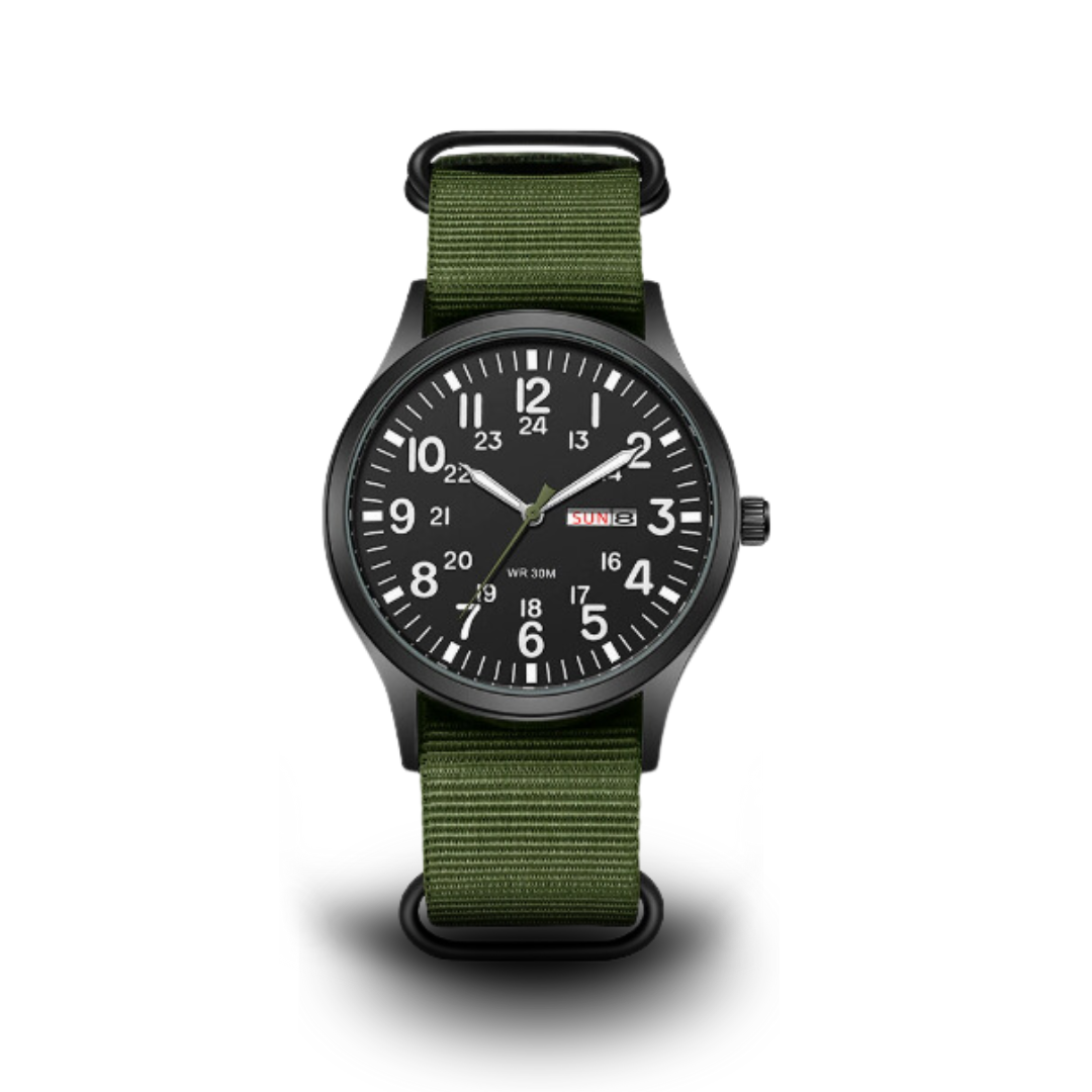 Sporty herre armbåndsur med safirglass, kvartsverk og rustfritt stål. Ideell for eventyr.