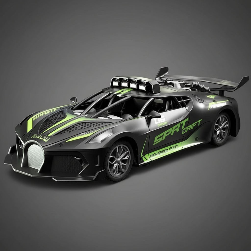 Kompakt 1:18 fjernstyrt bil, robust og lettkjørt. Perfekt driftbil for barn som elsker actionlek.