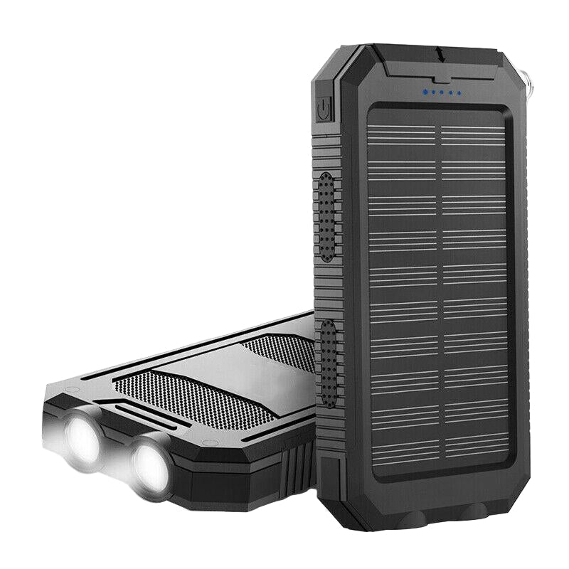 Robust solenergibank med doble USB, LED-lommelykt. Perfekt vanntett nødlader for camping, fotturer og reiser.