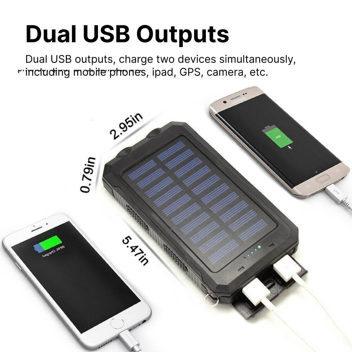 Miljøvennlig solcelle powerbank med doble USB-porter. Essensiell nødlader med LED-lommelykt for utendørs og krise.