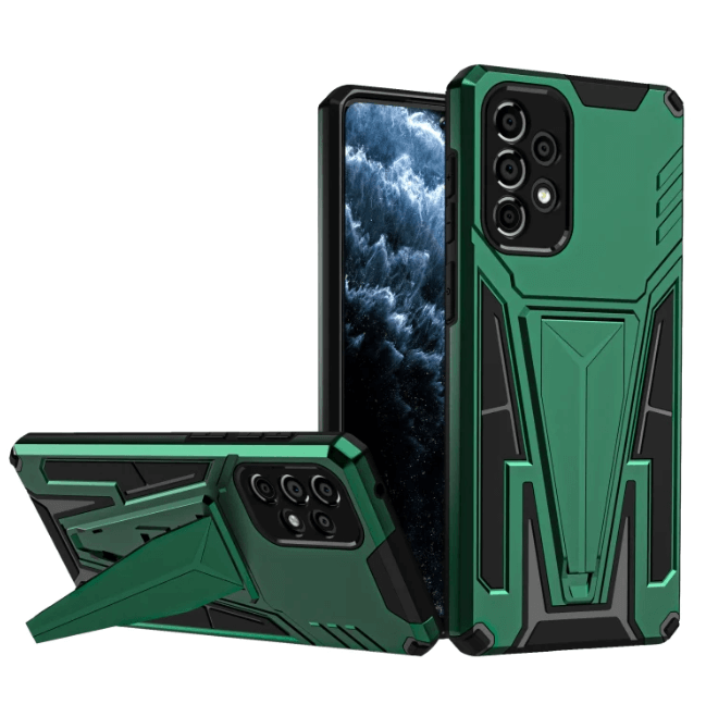 Svart Samsung Galaxy A-serie mobildeksel med magnetisk holder og sammenleggbart stativ.
