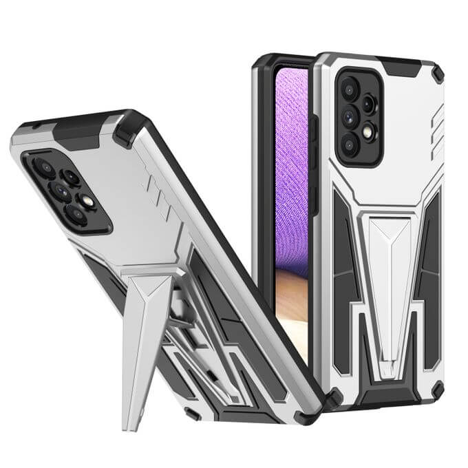 Svart, støtsikkert Samsung Galaxy A-serie cover med forbedret kantbeskyttelse og stativ.