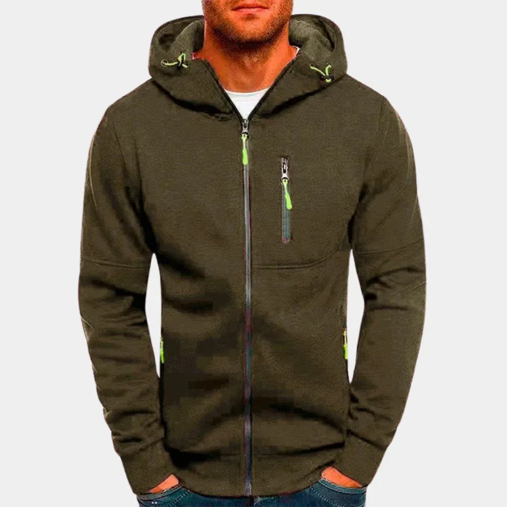Ryggvisning av robust og komfortabel herrejakke i polyester. Stilig urban ytterplagg for høst- og vintermote.