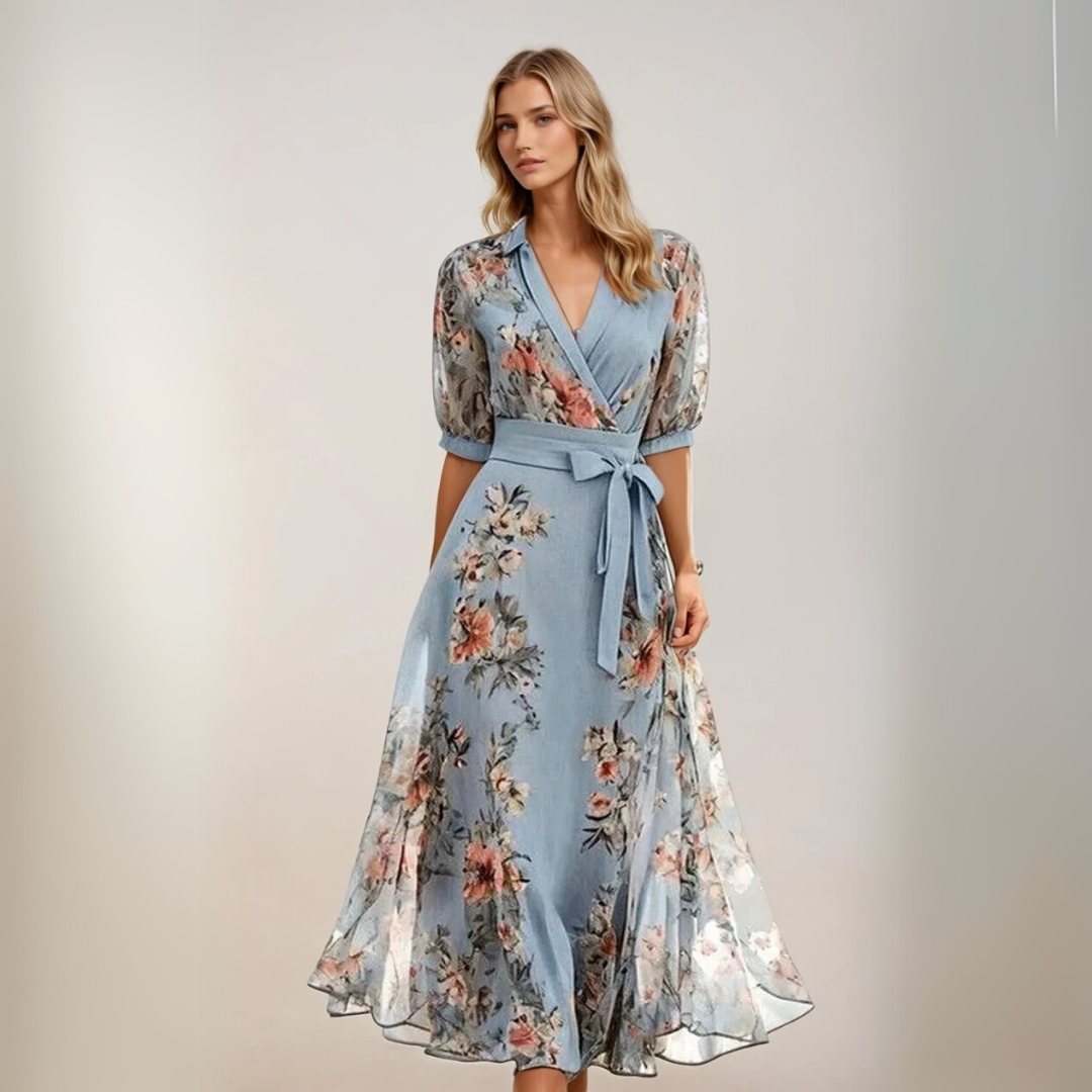 Elegant lyseblå midikjole med V-hals for dame, lettvekt og komfortabel, ideell for hverdag eller sommerfest.