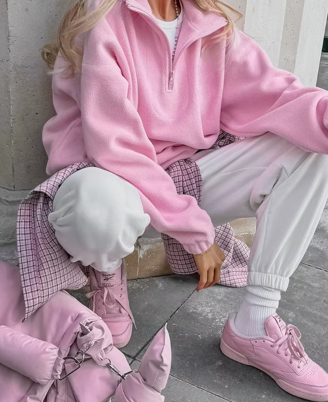 Mote genser for damer, rosa med halv glidelås, perfekt for høst og vår.
