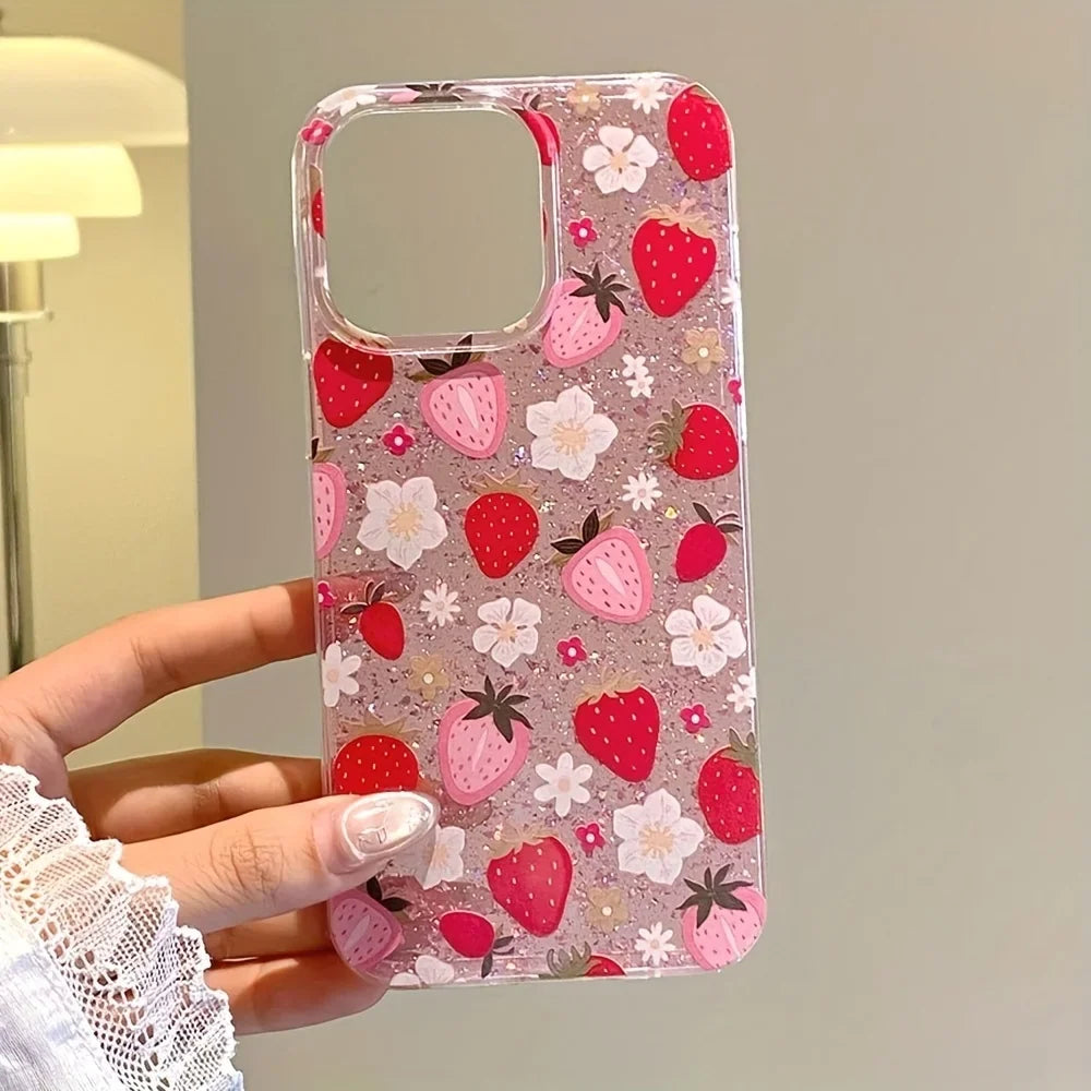 Nærbilde av rosa iPhone deksel med vakkert blomstermønster. Perfekt gaveide for personlig stil.
