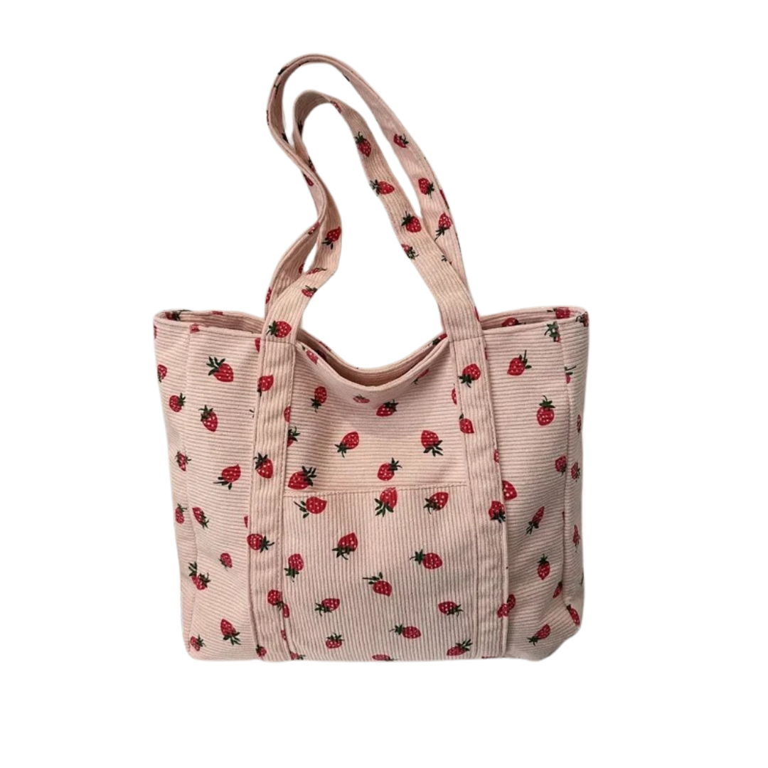 Beige kordfløyel dameveske, casual stil med jordbærmønster. Perfekt som motetilbehør.