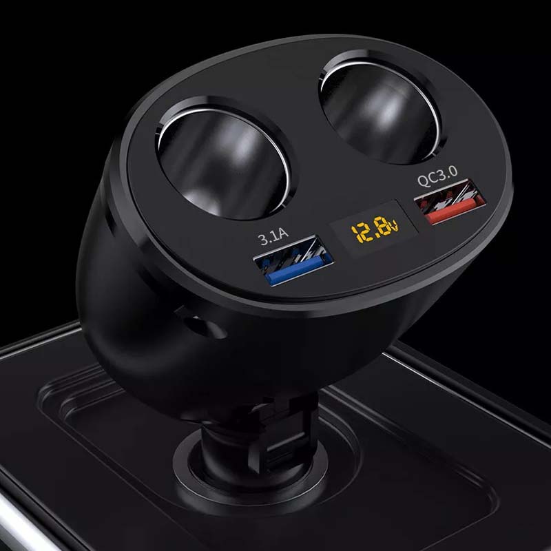 Billader med to USB-porter og roterbar sigarettennerplugg for rask lading av mobiler i bil.