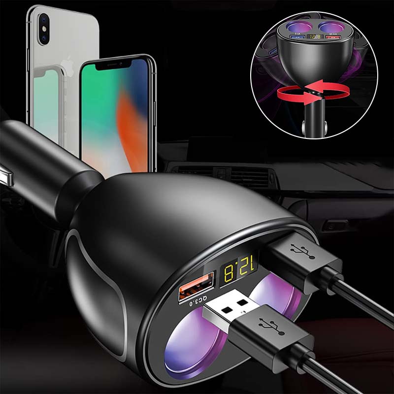 Kompakt billader med 2 USB-porter og spenningsdisplay, 12V/24V, ideell for bil og lastebil.