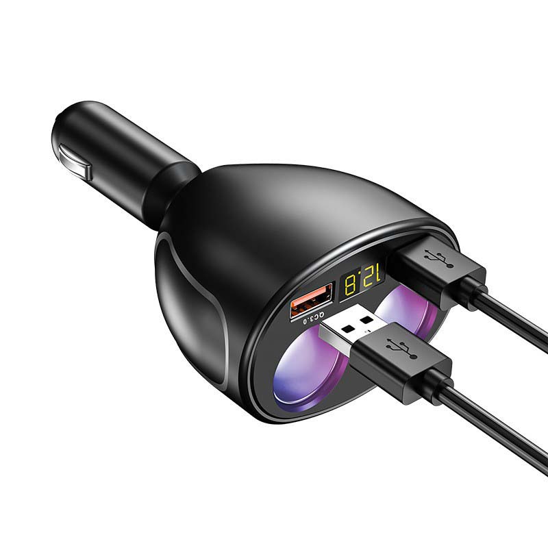 Roterbar bil sigarettenneradapter med dobbel USB og tydelig spenningsdisplay for optimal bruk.