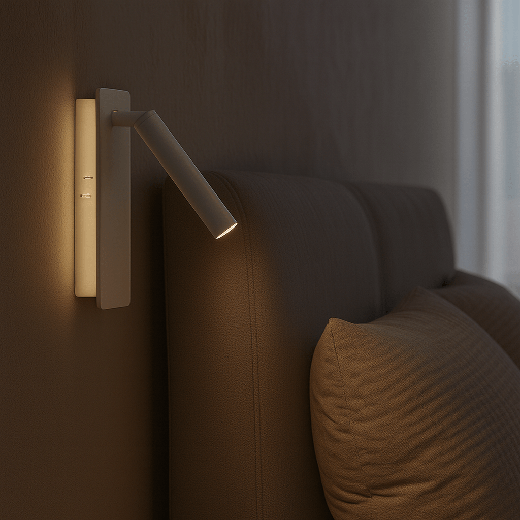Hvit roterbar LED sengelampe. Justerbar nattbordslampe for moderne soverom, perfekt som leselampe.