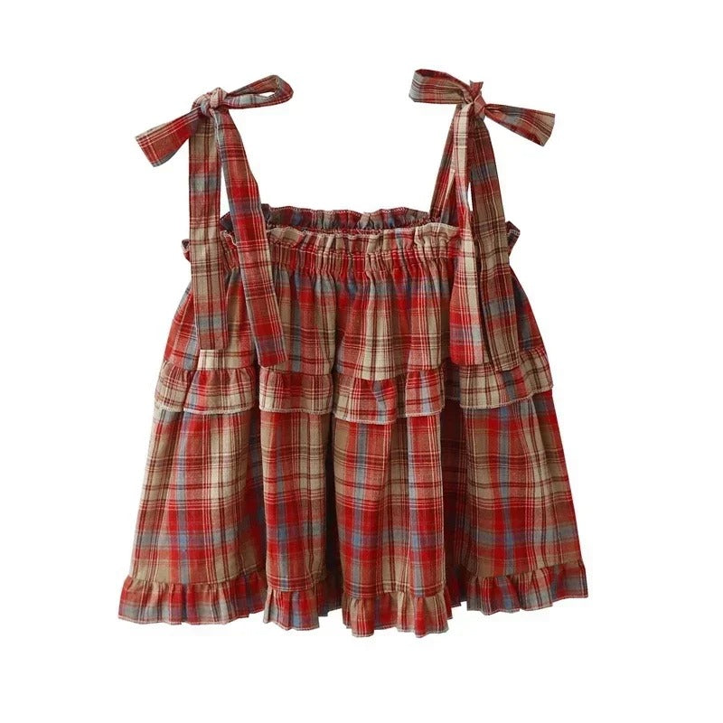 Rutete crop tank top for kvinner med vintage Y2K-stil. Perfekt ermeløs sommertopp for streetwear.