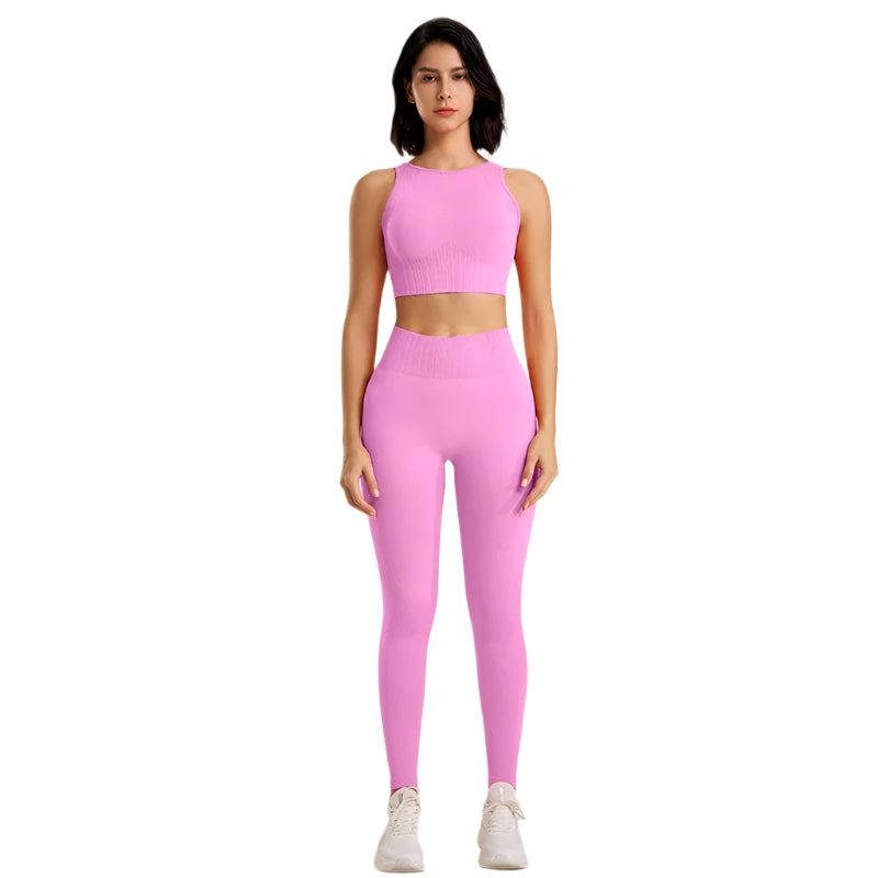 Pustende og komfortabelt sømløst yogasett for kvinner. Høy midje leggings gir god bevegelsesfrihet.