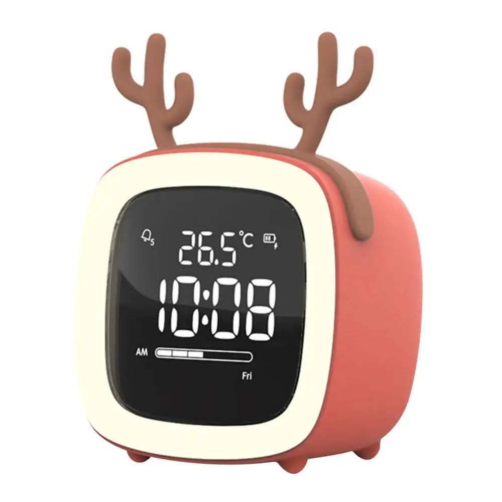 Nattlys vekkerklokke, kanindesign, viser digital tid og temperatur.