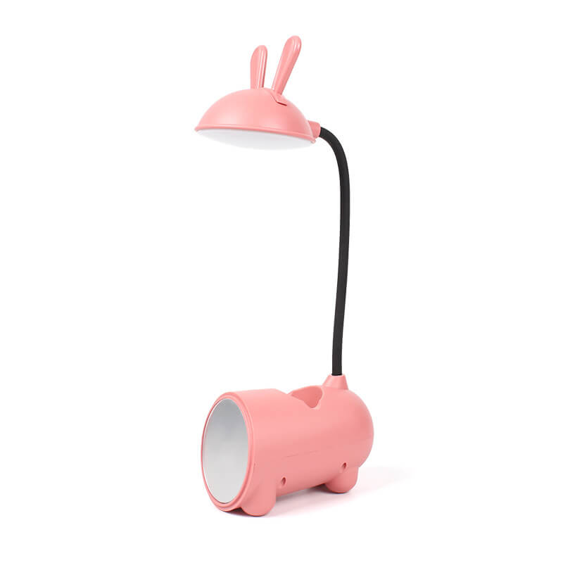 Søt hvit LED bordlampe for barn med kanindesign og praktisk penneholder, perfekt for skrivebordet.