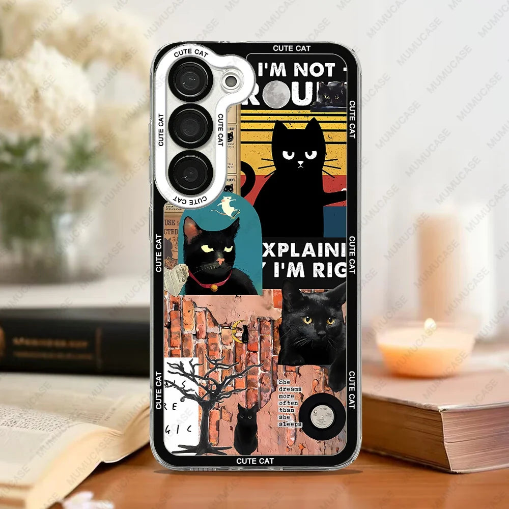 Søtt kattemotiv TPU telefondeksel, spesielt designet for diverse Samsung Galaxy-modeller.