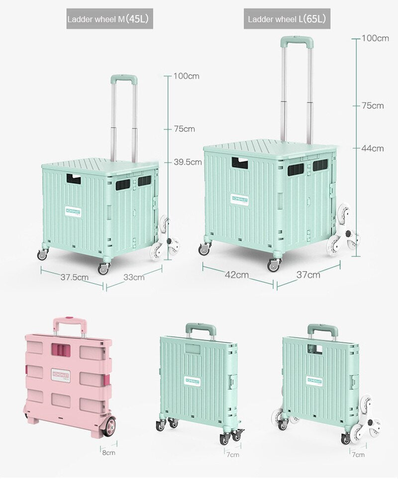 Foldet handlekurv i bagasjerommet, viser hvor lite plass den tar for reise og oppbevaring.