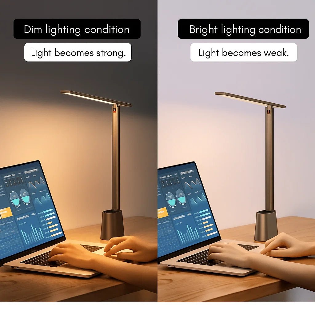 Dimmbar LED-bordlampe for lesing og arbeid, med fleksibel hals og sammenleggbar fot for praktisk oppbevaring.