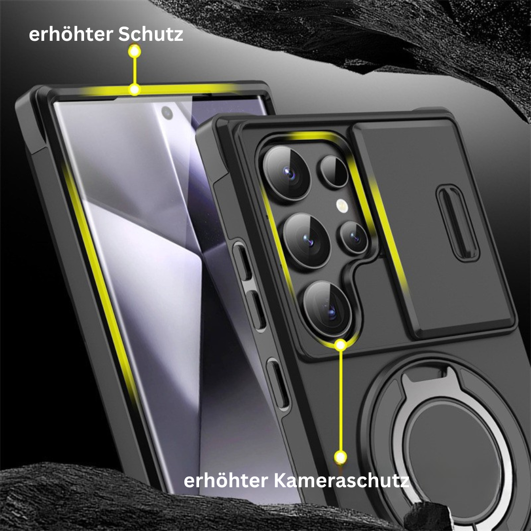 Visning av Samsung mobildeksel med aktiv ringholder og MagSafe for sikker feste av tilbehør.
