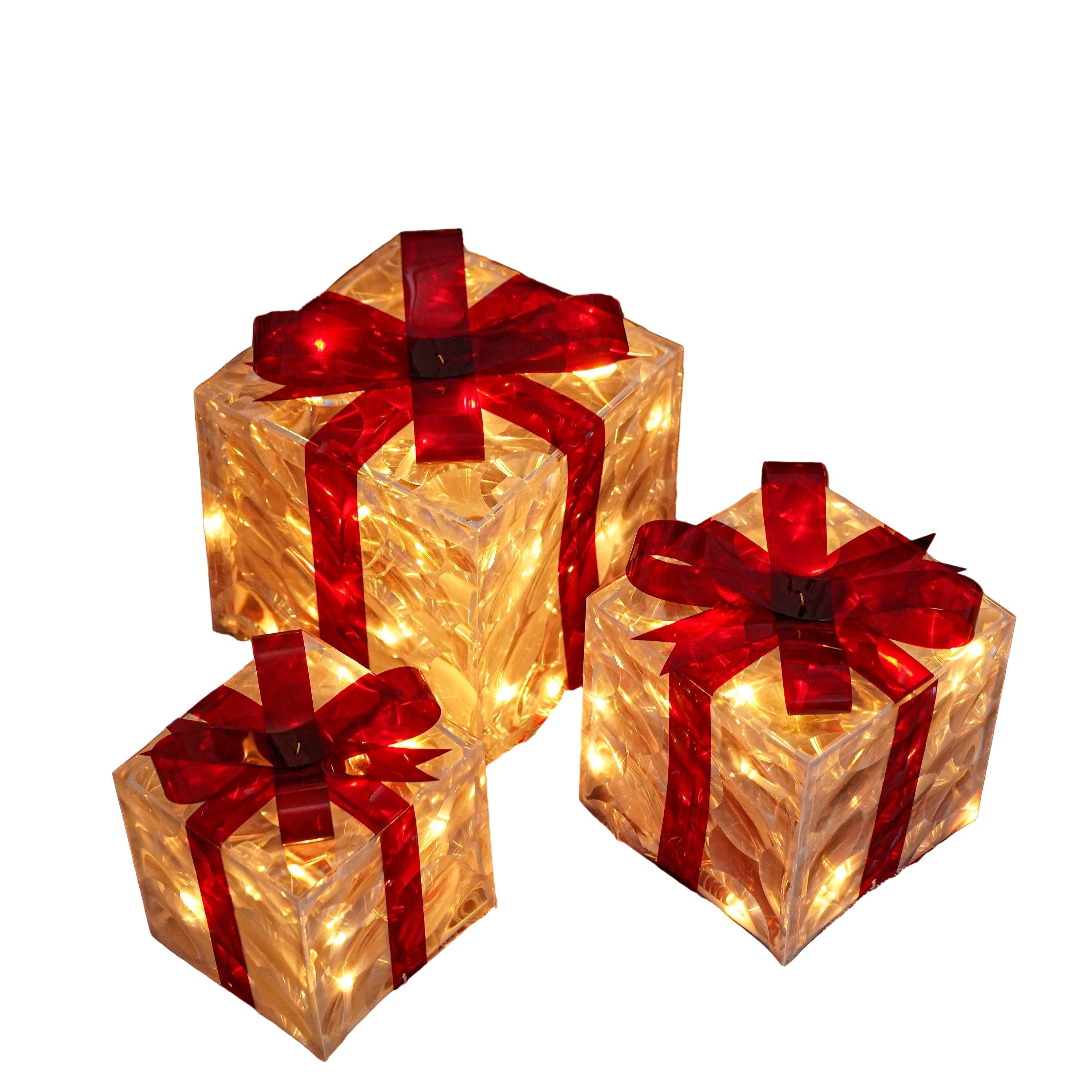 Sett med 3 lysende julegaveesker med LED-lys for innendørs/utendørs juledekorasjon og magisk julestemning.