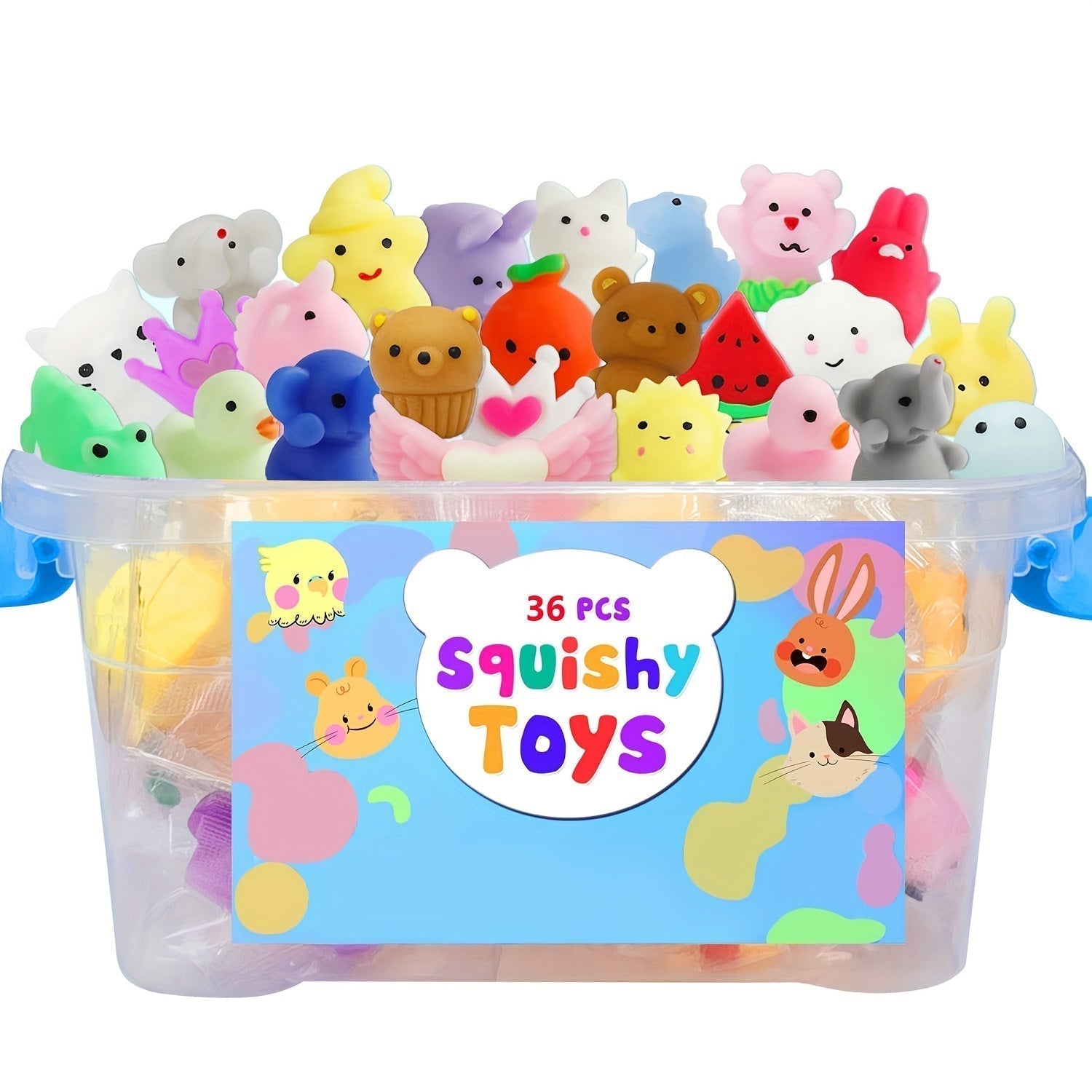 Sett med 36 kawaii squishy dyr. Søte, myke silikonleker for barn som stressballer og samleobjekter.