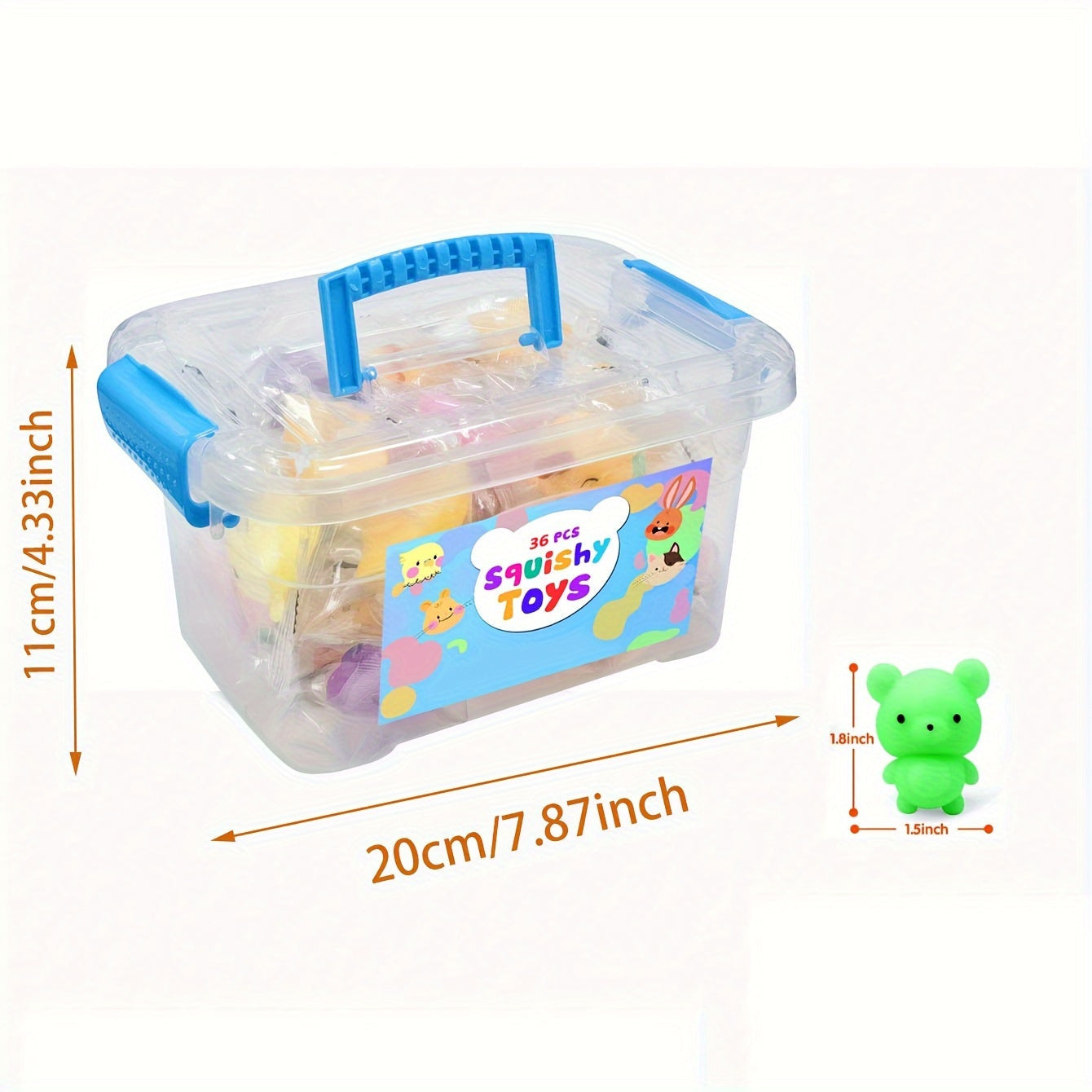 Kawaii squishy dyresett med 36 myke silikonleker, ideelt som gaver og stressballer for barn.