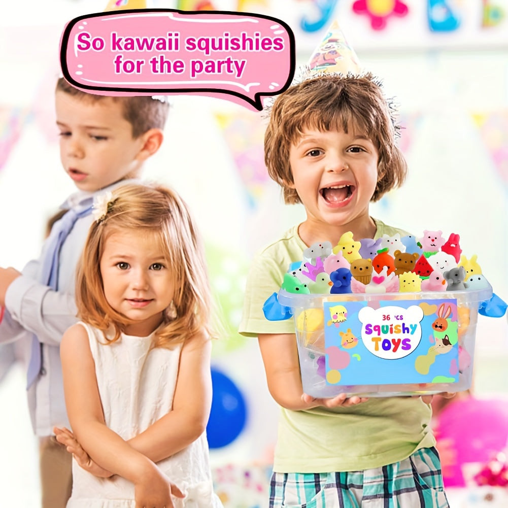 Myke silikon squishy dyr i et sett med 36. Søte kawaii leketøy som også fungerer som stressballer.