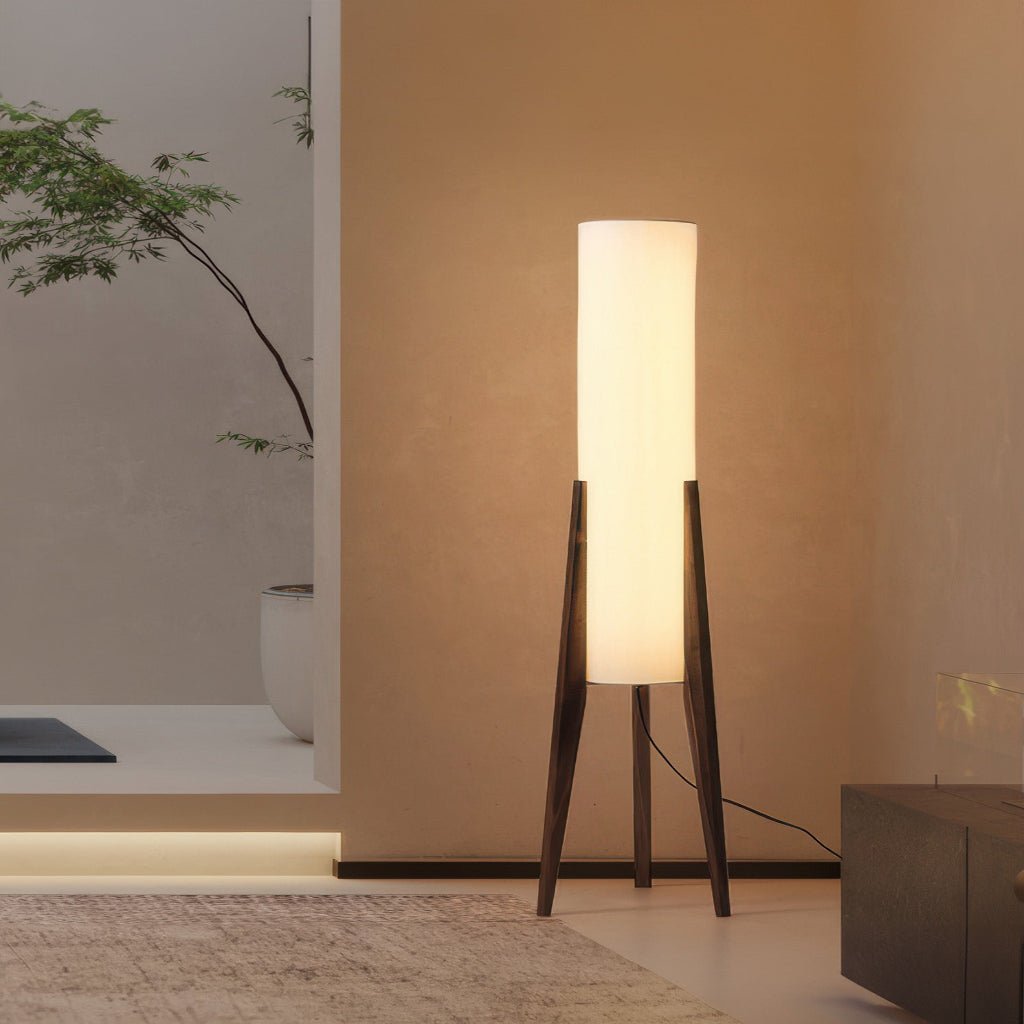 Valnøtt gulvlampe med moderne skandinavisk design, justerbart dimbart LED-lys ideelt for soverom og lesekrok.