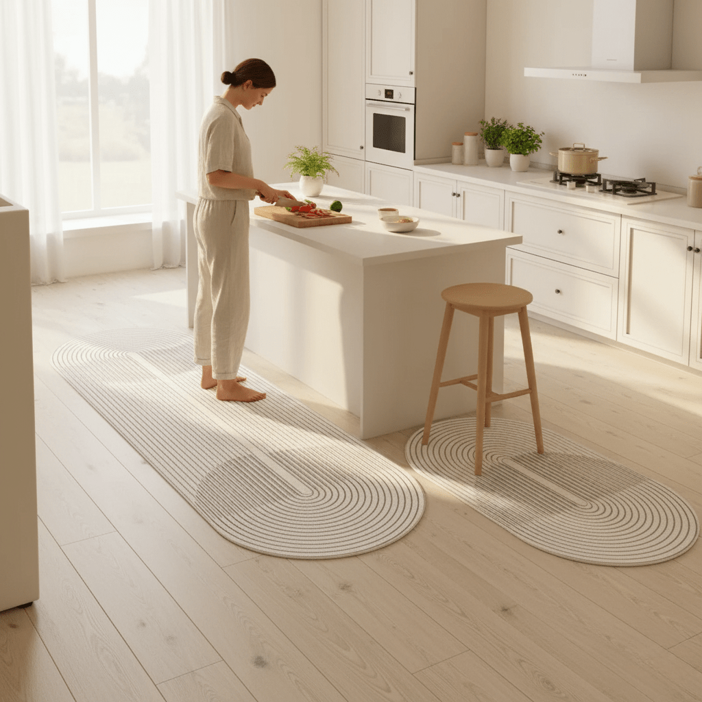 Slitesterk og vannavstøtende kjøkkenmatte med sklisikker bakside, enkel å rengjøre.