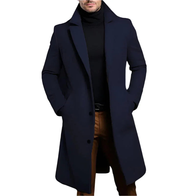 Allsidig menns mellomlang kåpe, skreddersydd passform i ull, ideell som formell eller casual jakke.