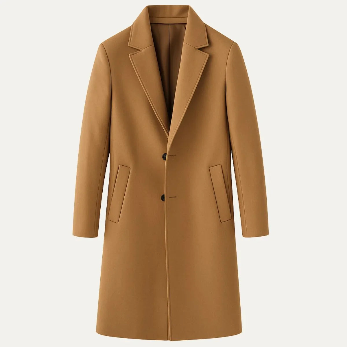 Elegant menns ullkåpe, skreddersydd og mellomlang, perfekt som formell eller casual jakke.