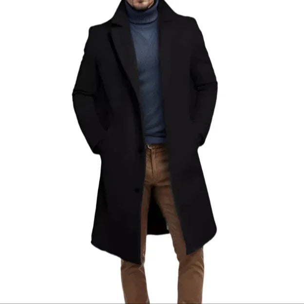 Menns skreddersydde mellomlang kåpe, tidløs ulljakke, varmt og elegant yttertøy for herre.
