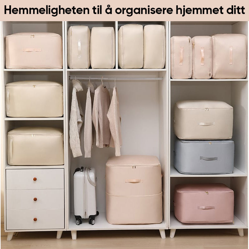 Hjemmeorganisering med smart oppbevaring; vaskbar pose for dyner og tekstiler.