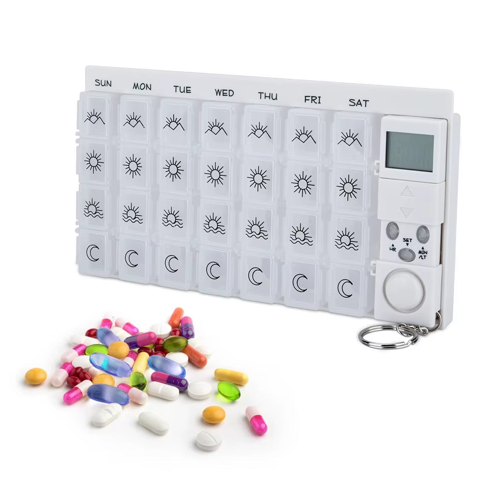 Digital smart pilleorganisator med justerbar alarm for daglige medisinpåminnelser. Effektiv pilledoser.