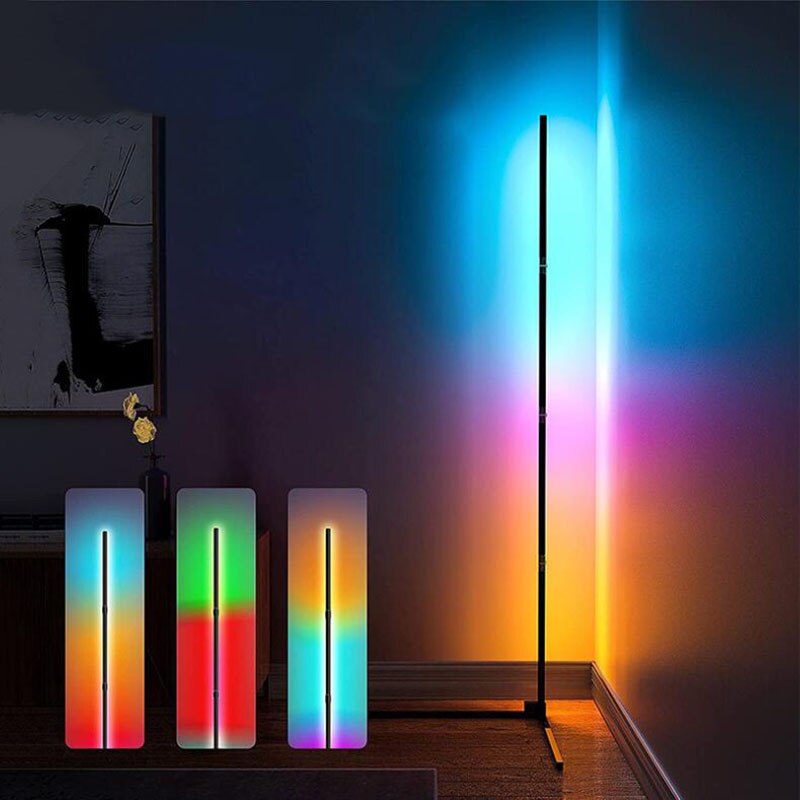 Appstyrt hjørnegulvlampe med RGB LED-lys for dekorativ stemningsbelysning. Slank og moderne smartlampe.