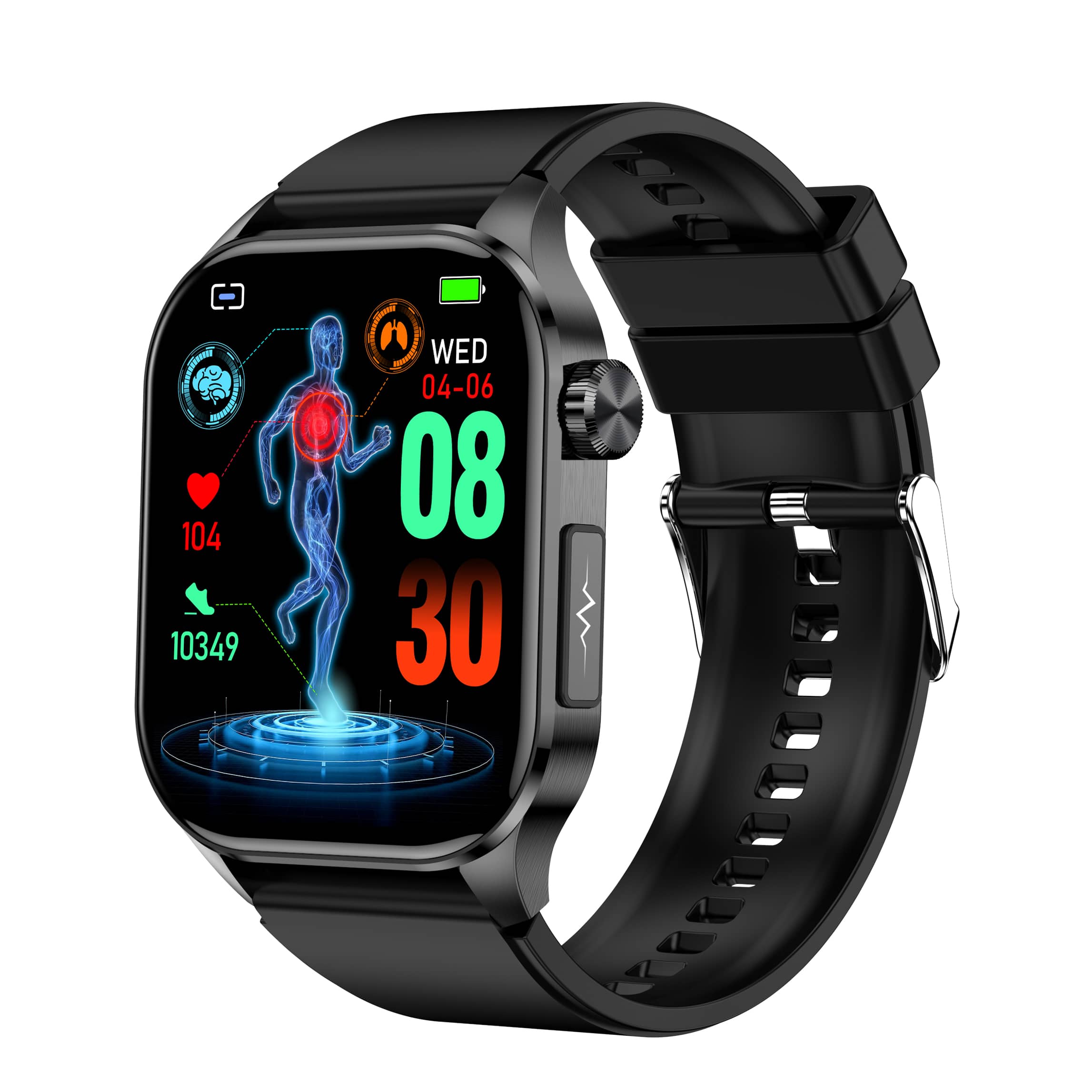Smartklokke på lader. Lang batteritid, AMOLED-skjerm. Helseovervåking, pulsmåler. For menn og kvinner.