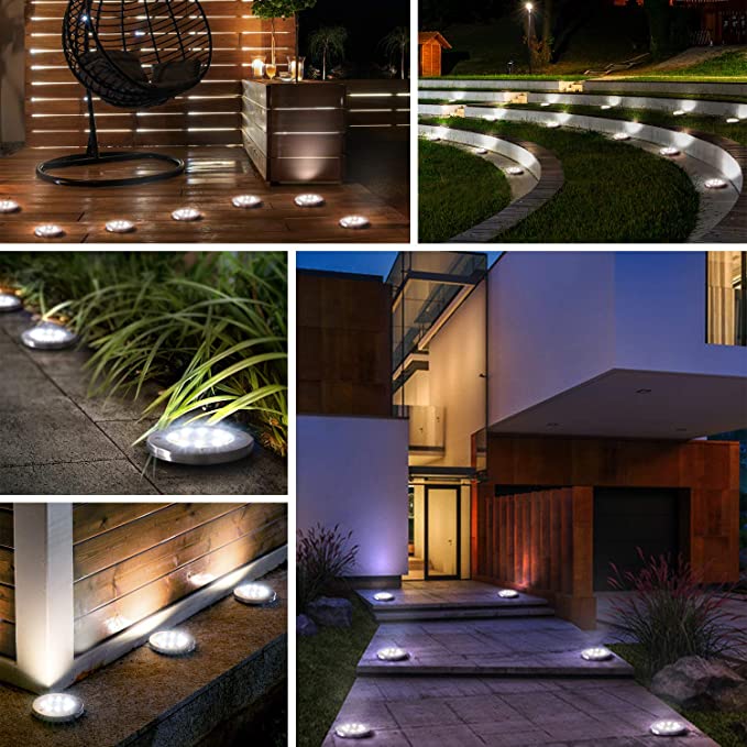 Vanntett solcelle disklys med 8 LED, ideelt for dekorativ belysning i hage eller langs plenkanter.