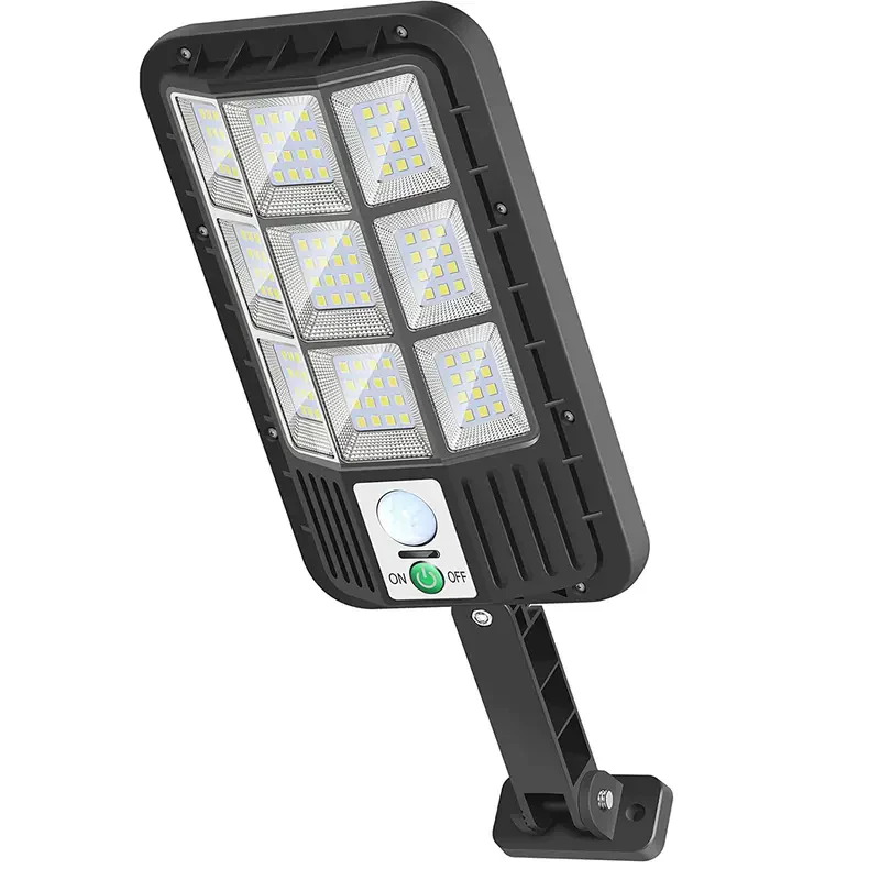 Solcelle LED flomlys med bevegelsessensor, 5000 lumen, for utendørs hagebelysning og sikkerhet.
