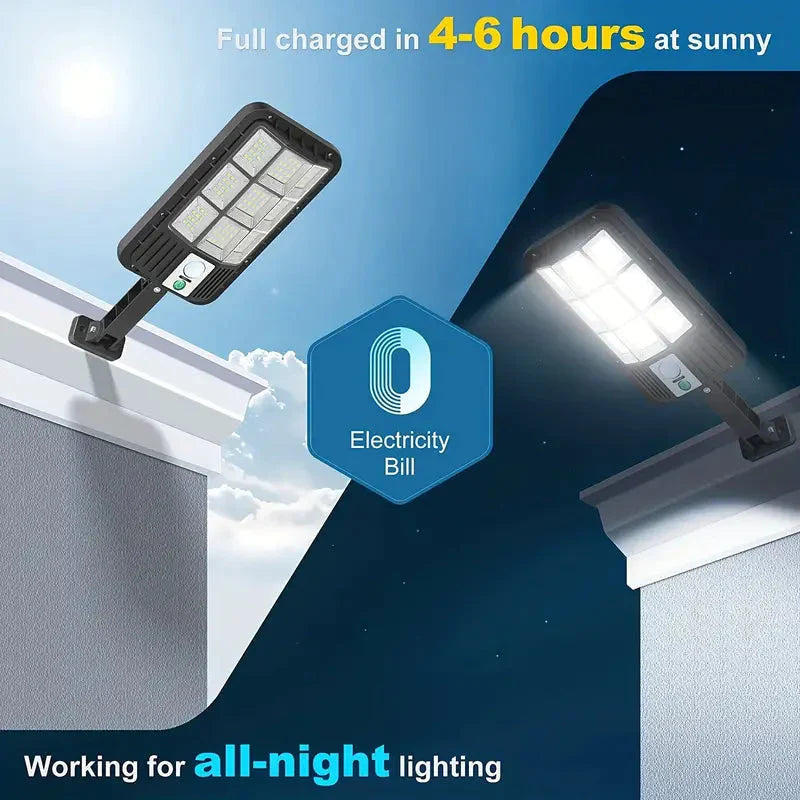 Kraftig 5000 lumen solcelle LED flomlys for veggmontering, med bevegelsessensor og vanntett design.