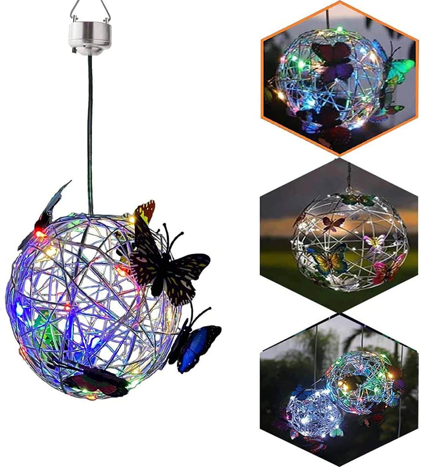 Solcelledrevet sommerfugl orb lampe, perfekt hagelys og dekorasjon for uterom.