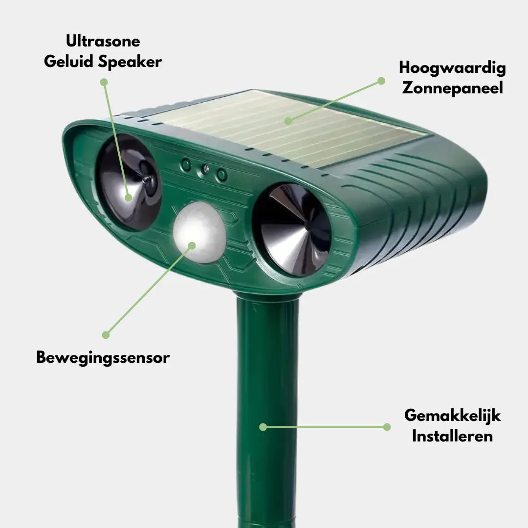 Miljøvennlig, grønn katteskremmer med ultralyd. Perfekt for praktisk og trygg hagebeskyttelse.